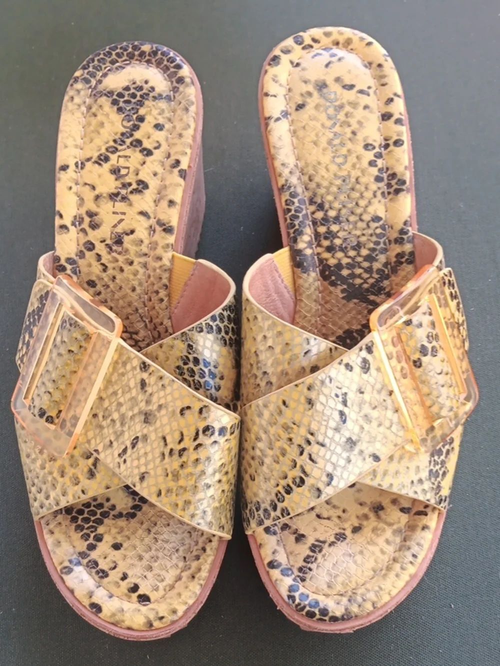 Donald Pliner YELLOW Snake-Print Slide Platform Sandals with Buckle